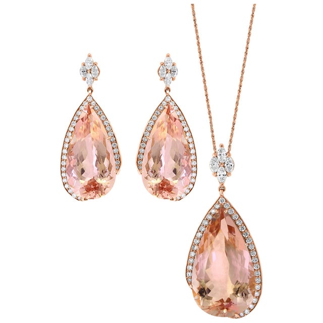200 Carat Natural Morganite and Diamond Cocktail Earring and Pendant Set 18K PG For Sale - Image 15 of 18