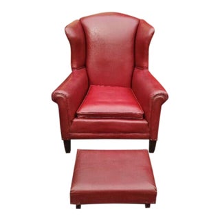 Vintage Red Leather Wingback Chair & Ottoman For Sale