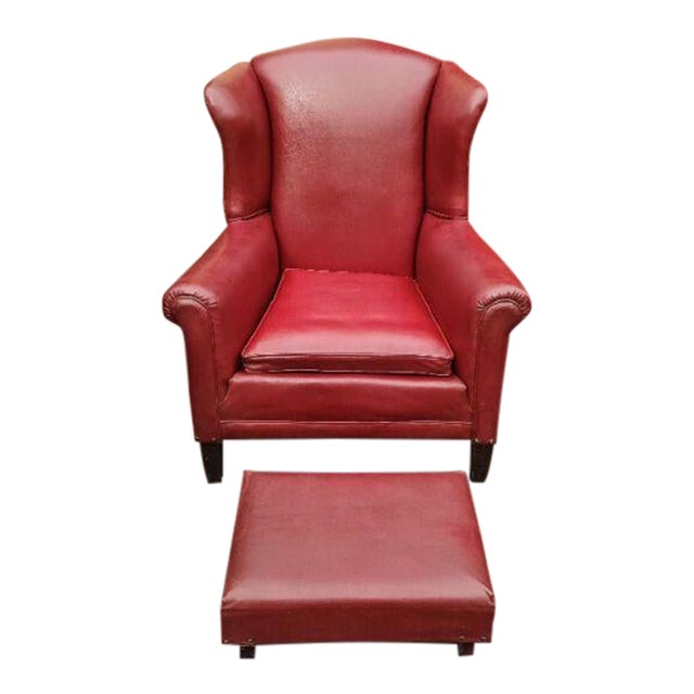 Vintage Red Leather Wingback Chair & Ottoman For Sale