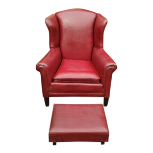 Vintage Red Leather Wingback Chair & Ottoman