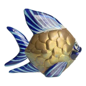 Vintage Tonala Pottery Fish Mixed Media Armored Brass Scales Coastal Mexico Styled After Sergio Bustamante