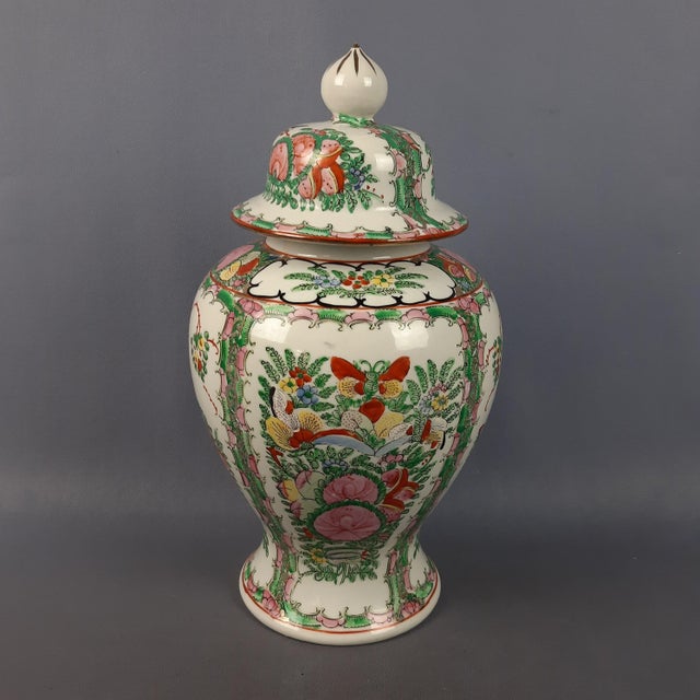Vintage Hand-Painted Potiche Porcelain Vase with Wooden Base, 1950s For Sale - Image 6 of 11