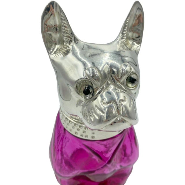 Contemporary Vintage French Bulldog Pink Glass Silverplate Claret Jug Decanter For Sale - Image 3 of 13
