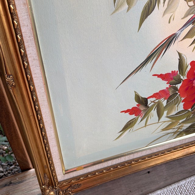 Large Mid-Century Chinese Silk Painting – Hand-Painted Bird & Peony Floral Composition in Ornate Frame - Signed by Unknown Artist For Sale - Image 11 of 12