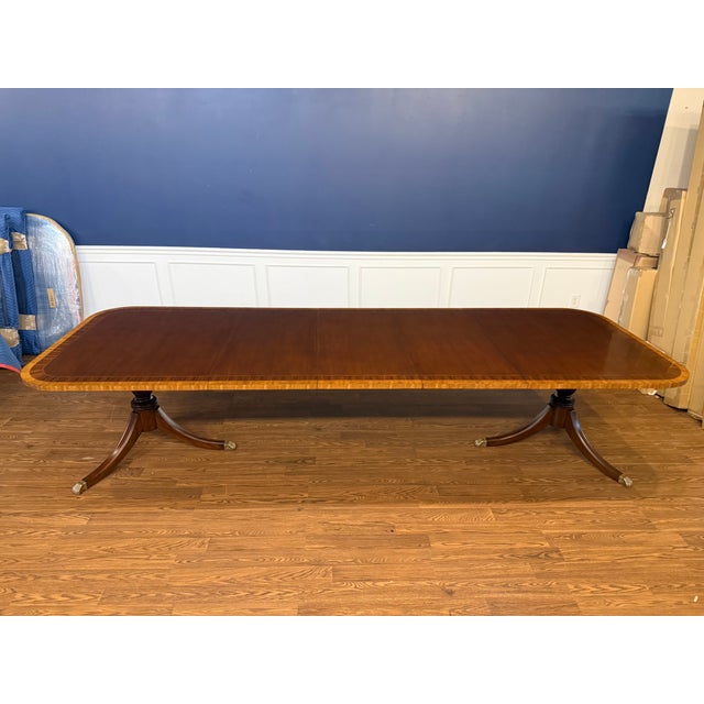 Traditional Multi-Banded Mahogany Double Pedestal Dining Table - Showroom Sample For Sale - Image 15 of 15