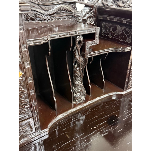Brown Vintage Japanese Hand Carved Dragon Carved Writing Desk + Chair, Set of Two For Sale - Image 8 of 12
