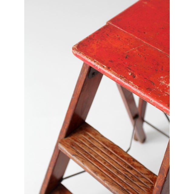 Red Mid-Century Wood Folding Step Ladder Stool For Sale - Image 8 of 18