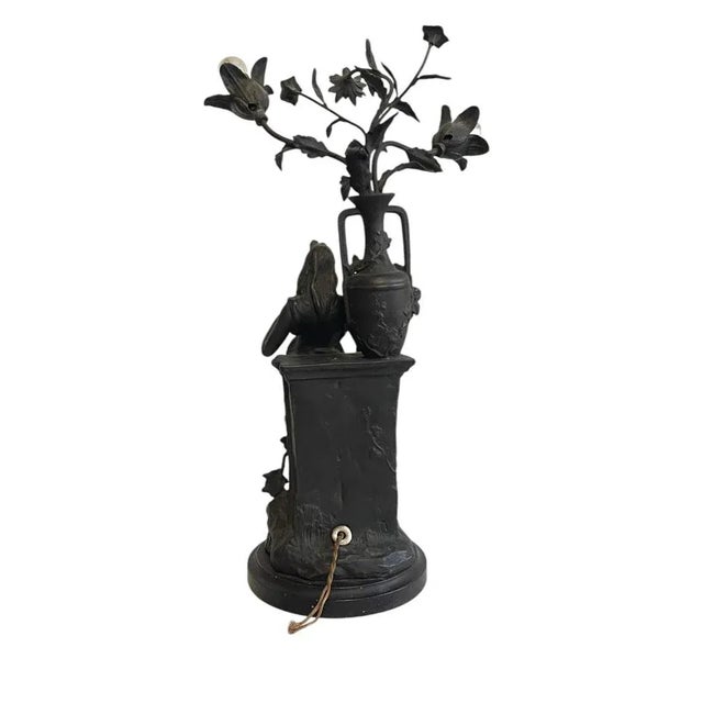 Antique Antimony Table Lamp with Female Figure, Early 20th Century For Sale - Image 6 of 9