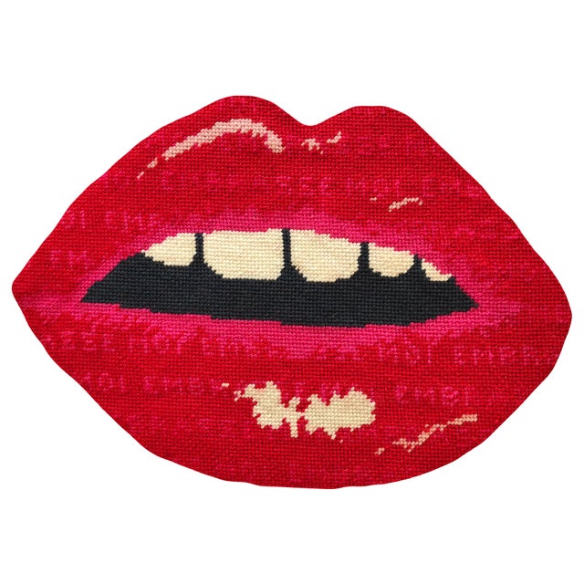 Red Velvet "Embrasse Moi" Lips 24" Feather Down Sculpted Pillow, Original Design Custom Made For Sale - Image 8 of 8