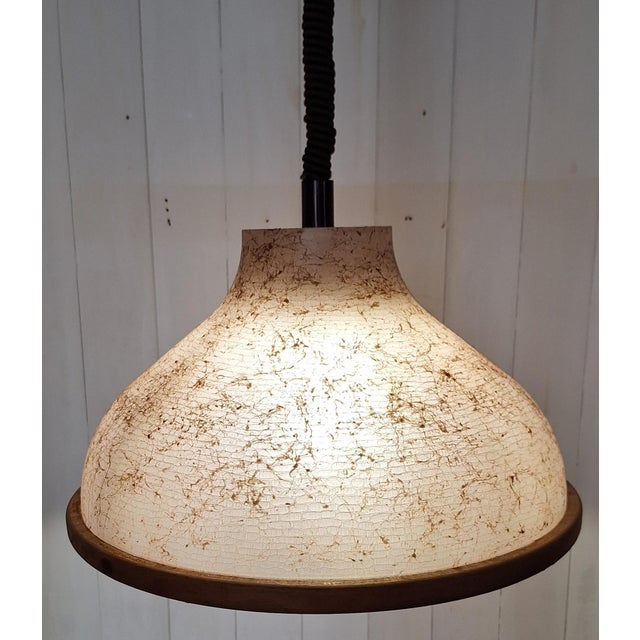 Wood Vintage Adjustable Ceiling Lamp with Beige Marbled Plastic Shade and Beechwood Rim, 1970s For Sale - Image 7 of 9