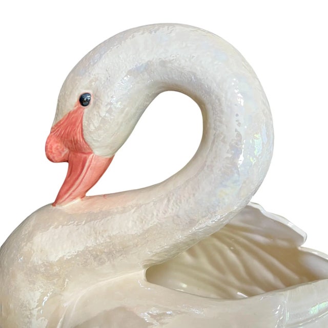 Off-white Vintage Hollywood Regency Hand-Painted Ceramic Swan Jardinière For Sale - Image 8 of 12