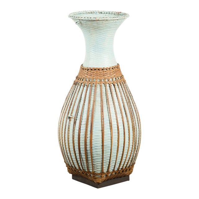 Large Vintage Chinese Woven Rattan Basket of Teal and Natural Color on Base For Sale - Image 13 of 13