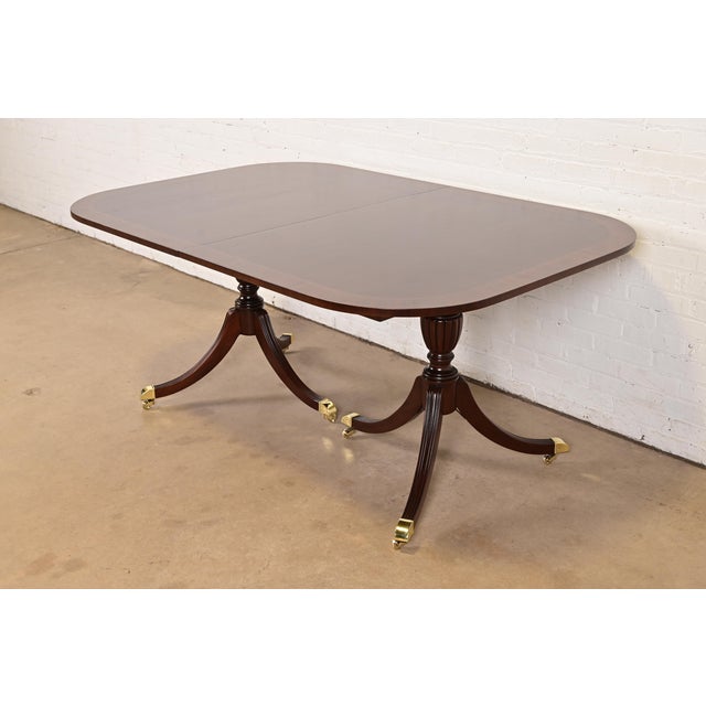 Brown Councill Furniture Georgian Banded Mahogany Double Pedestal Extension Dining Table, Newly Refinished For Sale - Image 8 of 14