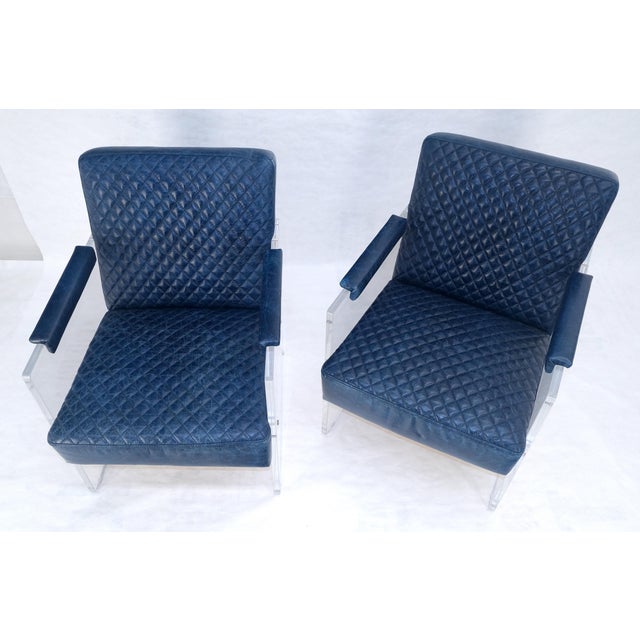 Pair of blue Quilted Leather Upholstery Seats Lucite Base Arm Lounge Club Chairs MINT