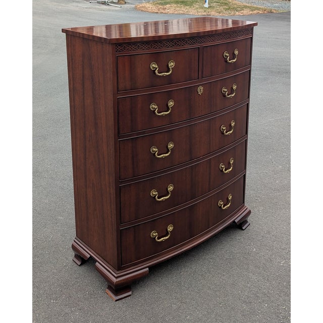 Wood Vintage Baker Furniture Flame Mahogany 5-Drawer Bowfront Chest of Drawers For Sale - Image 7 of 11