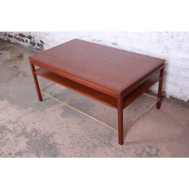 Edward Wormley for Dunbar Two-Tier Walnut and Brass Cocktail Table, Newly Refinished For Sale In South Bend - Image 6 of 13