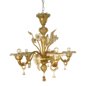 Venetian Transparent and Amber Murano Style Glass Chandelier With Flowers and Leaves