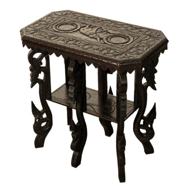 Antique Carved Anglo Indian Teak Wood Elephant Twin Tier Lamp Side Table 1900 For Sale - Image 11 of 17