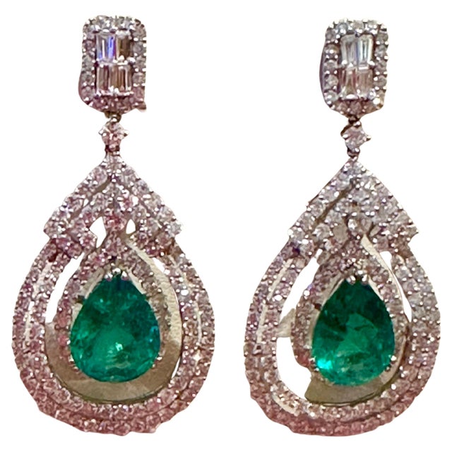 GIA Certified 8Ct Colombian Pear Emerald Diamond Hanging/ Drop Earrings 18K Gold, A Pair For Sale - Image 17 of 18