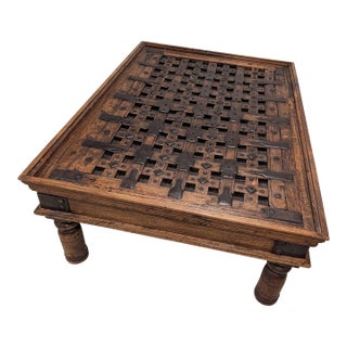 Late 20th Century Repurposed Indian Courtyard Door Coffee Table With Hand-Forged Iron Hardware & Glass Top For Sale
