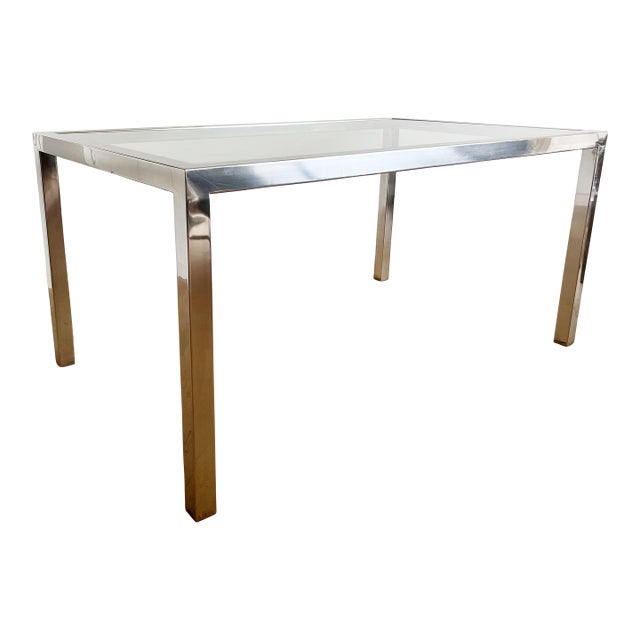 Vintage Postmodern 1970s Milo Baughman Style Chrome and Glass Dining Table For Sale