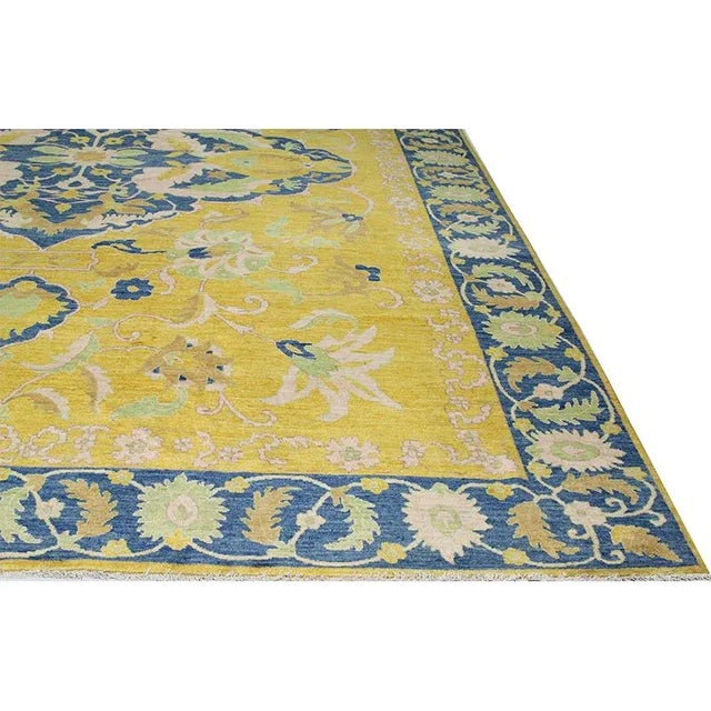 Handwoven Yellow/Blue Traditional Indian Agra Area Rug 12'4" X 15'4" For Sale - Image 4 of 10