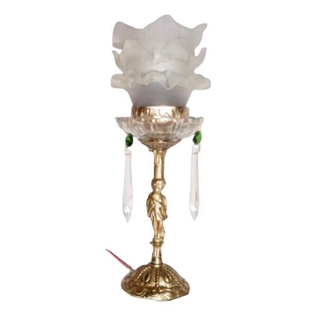 Table Lamp with Cupid Figure in Bronze and Glass, 1920s For Sale