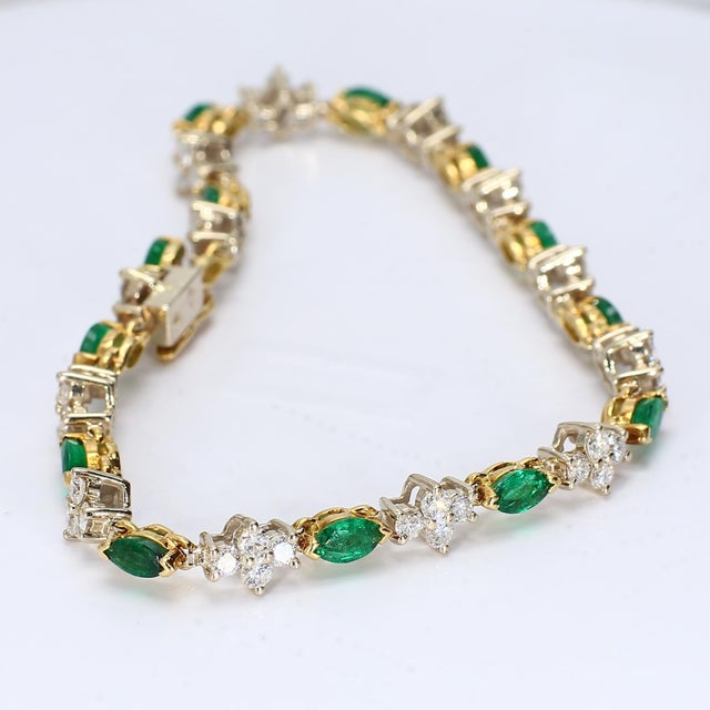 Contemporary 18k Yellow & White Gold Tennis Bracelet With Marquise Emeralds With Diamonds For Sale - Image 3 of 3