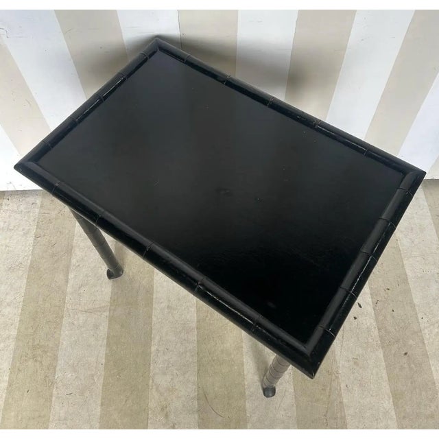 French 19th Century French Faux Bamboo Black Side Table With Drawer and Flared Feet. For Sale - Image 3 of 10