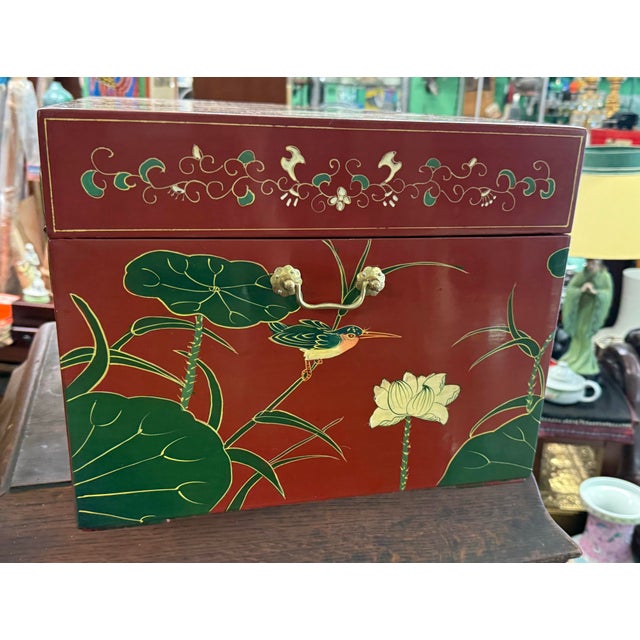 Asian Asian Red Lacquer Trunk Hand Painted Lilly Pad Motif For Sale - Image 3 of 9