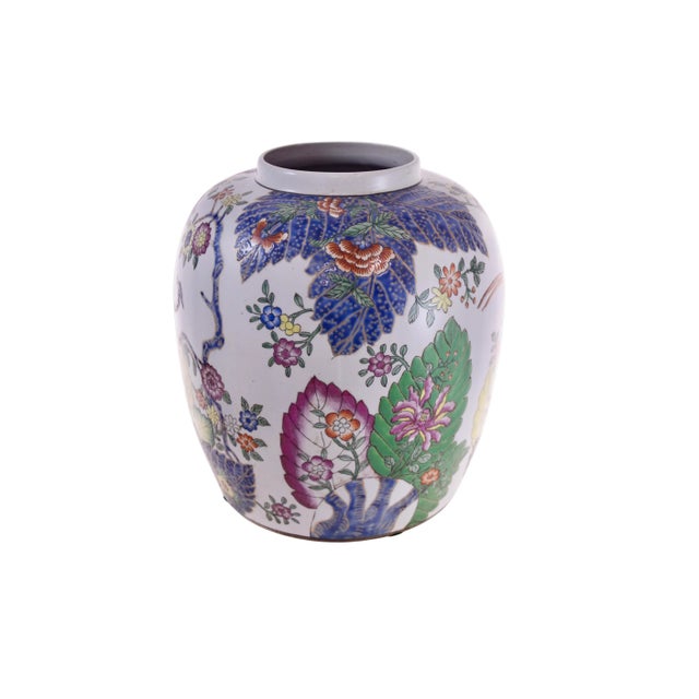 Large hand thrown nine inch chinoiserie pottery urn hand painted garden and phoenix birds design in imperial yellow,...