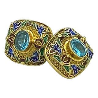 24k Vermeil Cloisonné Earrings With Oval Blue Topaz, Mongolia, 1990s For Sale