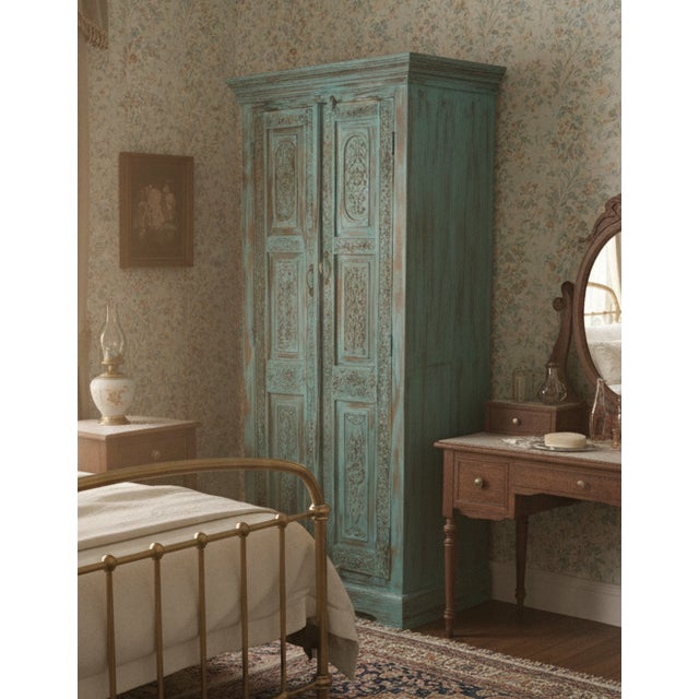 Wood Antique Indian Carved Armoire | Turquoise Cabinet With Brass Stud Accents 80 For Sale - Image 7 of 7