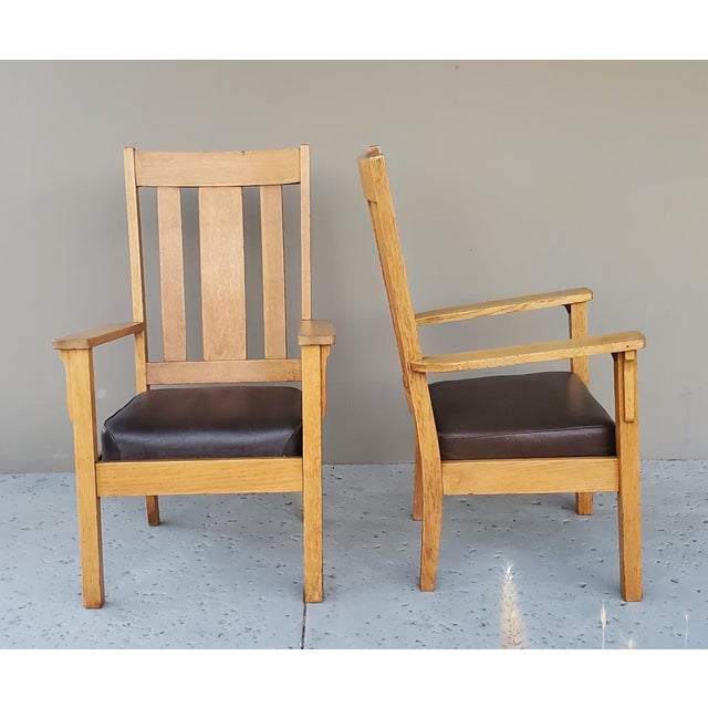 2 Matching 1910 Antique Mission Style Quarter Sawn Oak Arm Chairs With Removable Leather Seats. All Hand Crafted Strong...