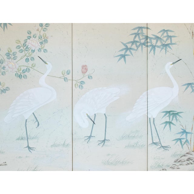 C. 1970s Chinoiserie Silk Screen "Egrets, Bamboo and Peonies" For Sale - Image 4 of 18