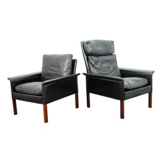 Mid Century Danish Modern Lounge Chair Set Leather Attributed to Hans Olsen Black Cs Glostrup For Sale