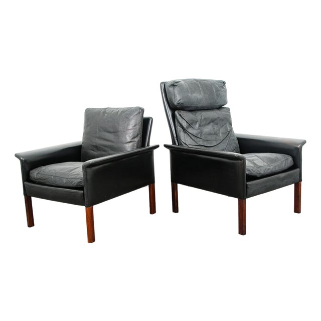Mid Century Danish Modern Lounge Chair Set Leather Attributed to Hans Olsen Black Cs Glostrup For Sale