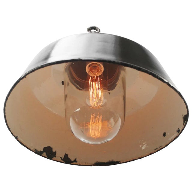 Industrial Vintage Industrial Black Enamel Cast Iron Clear Glass Hanging Lights For Sale - Image 3 of 5