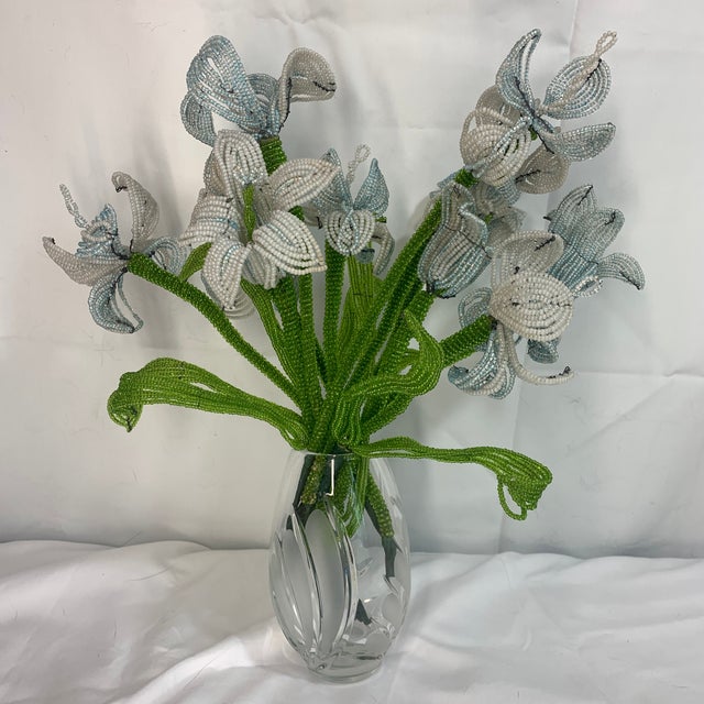 Shabby Chic French Beaded Flowers Pale Blue and White Iris For Sale - Image 3 of 12