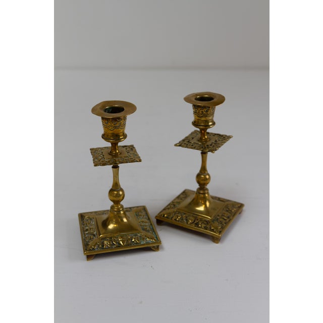 Gold Antique English Brass Candlesticks, 1890s, Set of 2 For Sale - Image 8 of 15