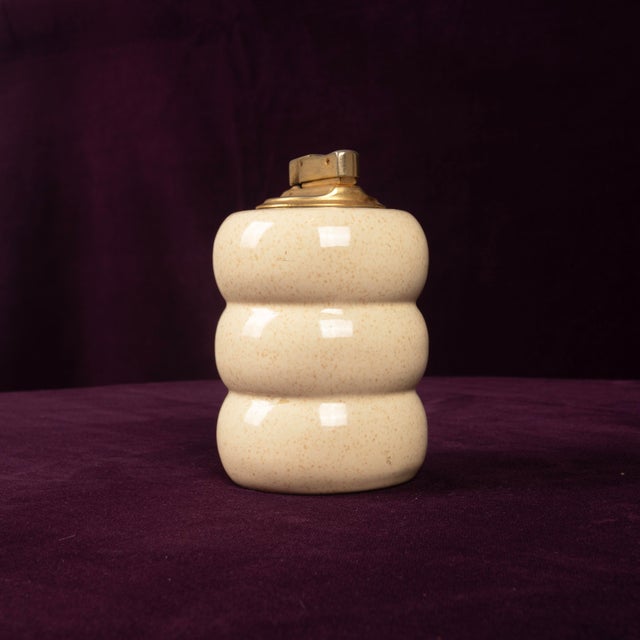 Cream Speckled Ceramic and Brass Table Lighter by Tommaso Barbi, 1970s For Sale - Image 15 of 15