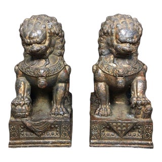 Pair of Vintage Bronze Guardian Lion Statues on Decorative Bases For Sale