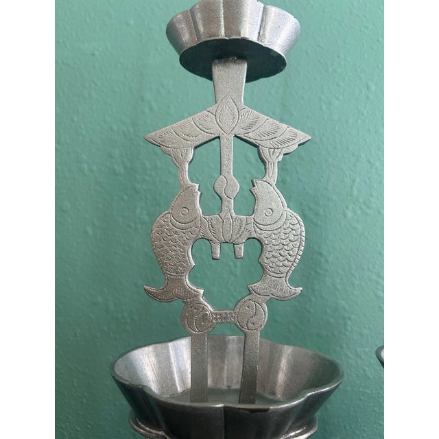Pair of Early-Mid 20th Century Chinese Silver-Finished Brass Altar Candlesticks – Cranes & Fish For Sale In Naples, FL - Image 6 of 9