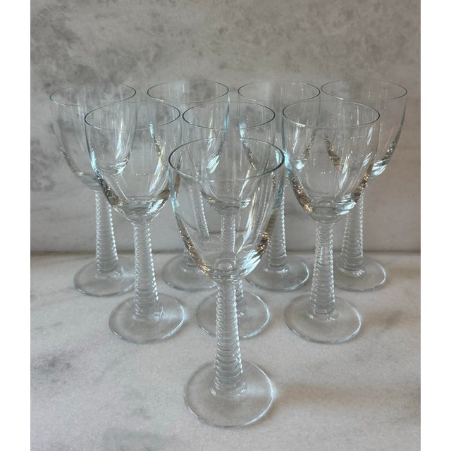Late 20th Century Set of 8 Vintage Ribbed Stem Wine Glasses For Sale - Image 5 of 9