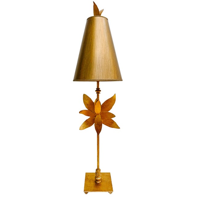 Glamorous pair of Lucas McKearn Azalea lamps featuring a gold leaf finish and a hand-sculpted metal azalea flower. The...