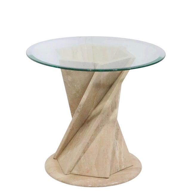 Pair of Modernist Italian Travertine Flower Twist Base End Tables C. 1970/80's For Sale - Image 4 of 12