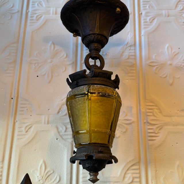 Rare Vintage Hammered Amber Glass Lanterns – Matching Set of Three (Hanging Pendant & Pair of Wall Sconces) For Sale - Image 4 of 6
