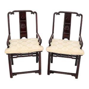 Pair of Chinese Rosewood Nicely Carved Arm Side Chairs