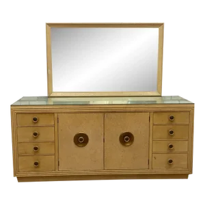 Mid Century Modern Cork and Wood Credenza With Mirror by Paul Frankl for Johnson Furniture - Set of 2