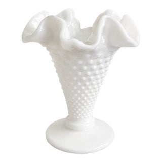 Vintage MCM Fenton Milk Glass Hobnail Flared Ruffle Vase For Sale